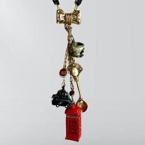 Vintage Betsey Johnson Royal Engagement Telephone Booth Teacup Charm Necklace